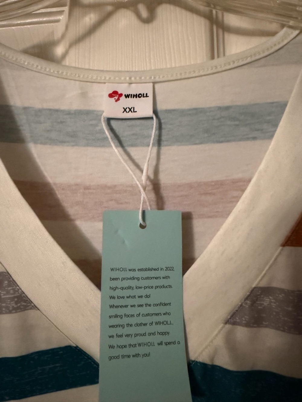 WHIOLL Striped V-Neck Tee in Teal, Rust, Gray & Ivory - Picture 2 of 2